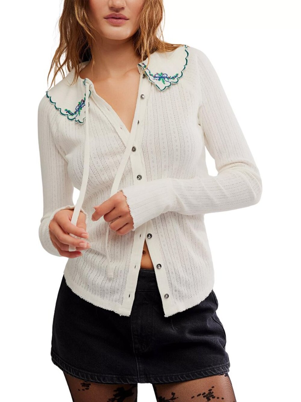 ☀️ Free People Juniper Pointelle Knit Cardigan Embroidered Peter Pan Collar L